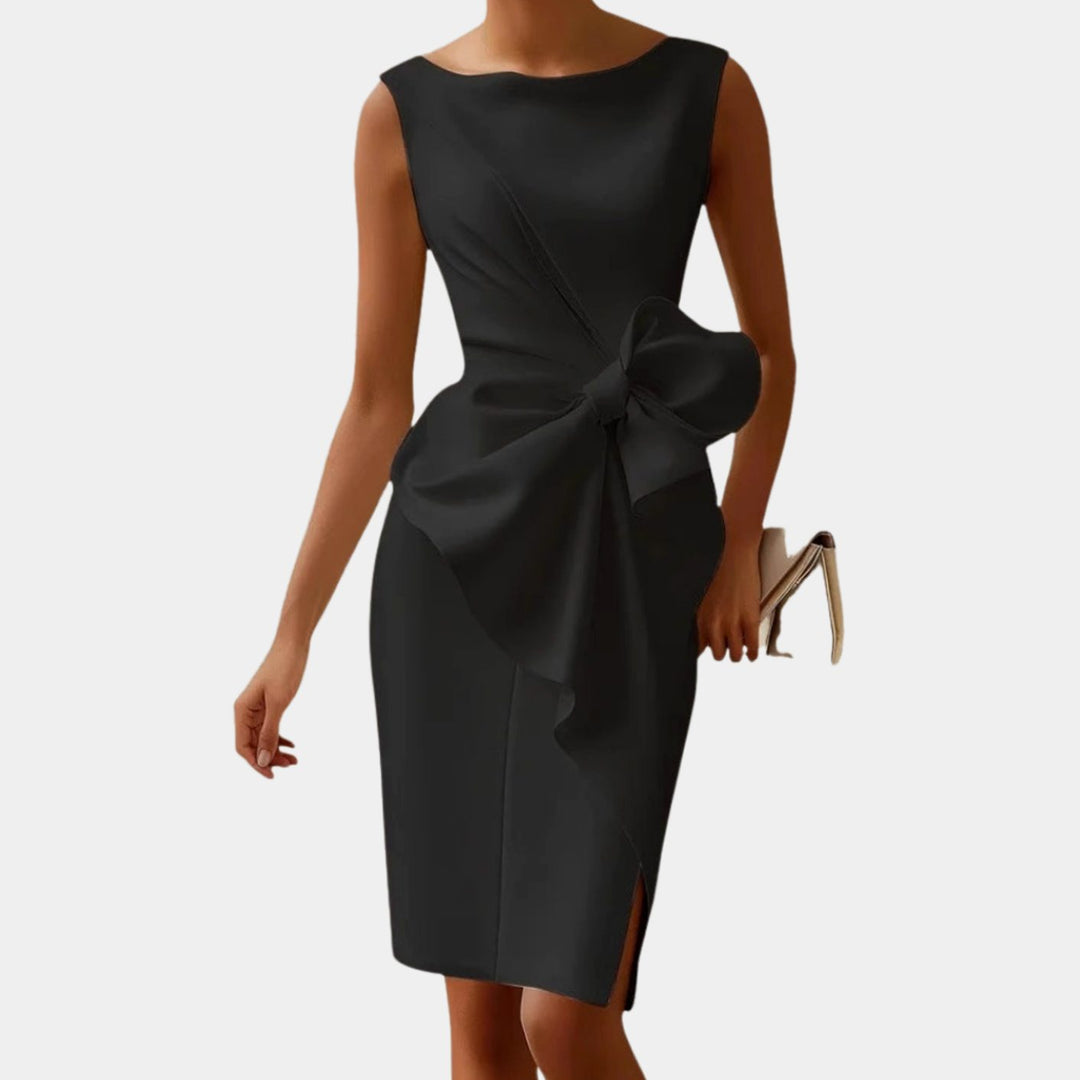 Women's Sleeveless Boat-Neck Side-Bow Bodycon Midi Dress - Black