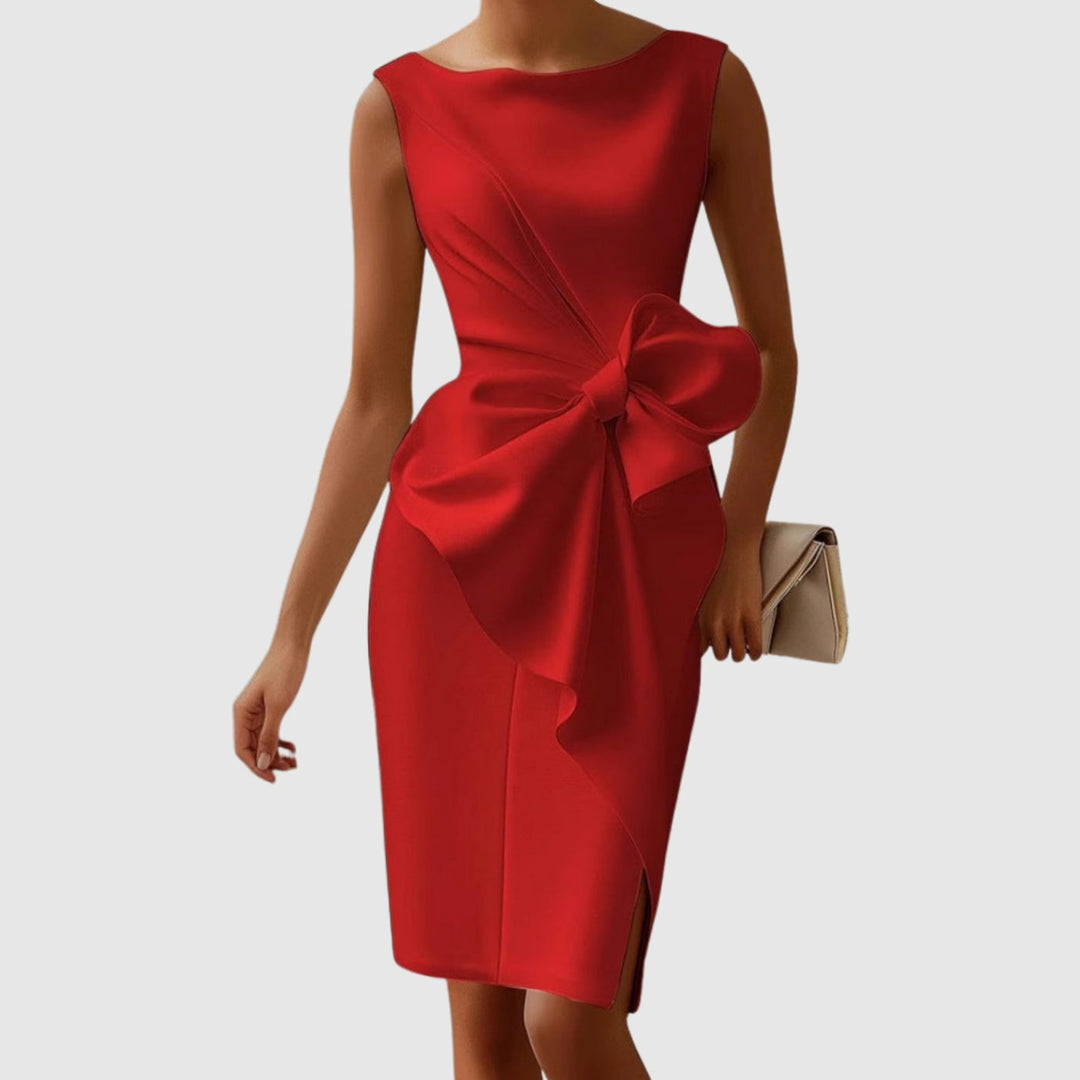 Women's Sleeveless Boat-Neck Side-Bow Bodycon Midi Dress - Red