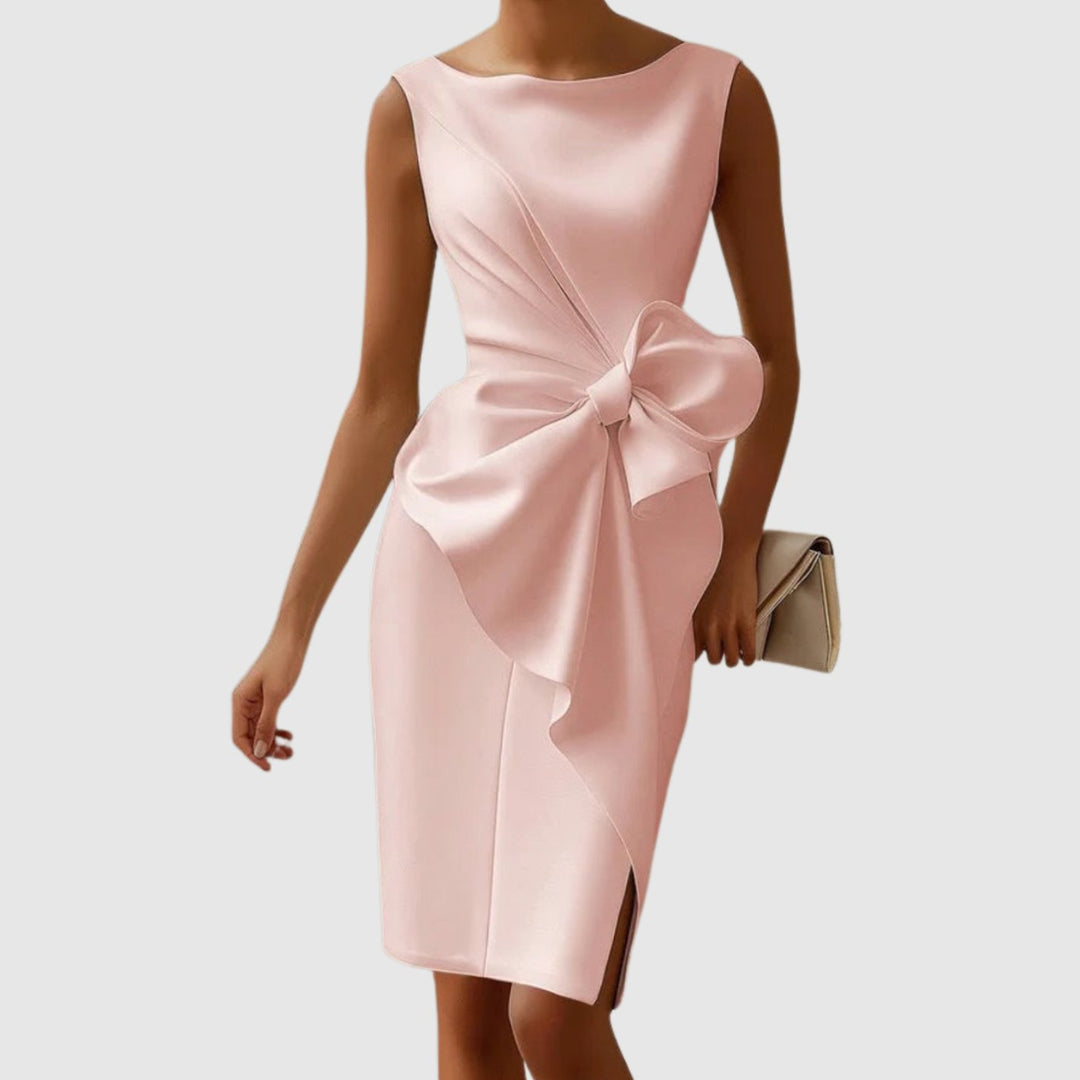 Women's Sleeveless Boat-Neck Side-Bow Bodycon Midi Dress - Pink