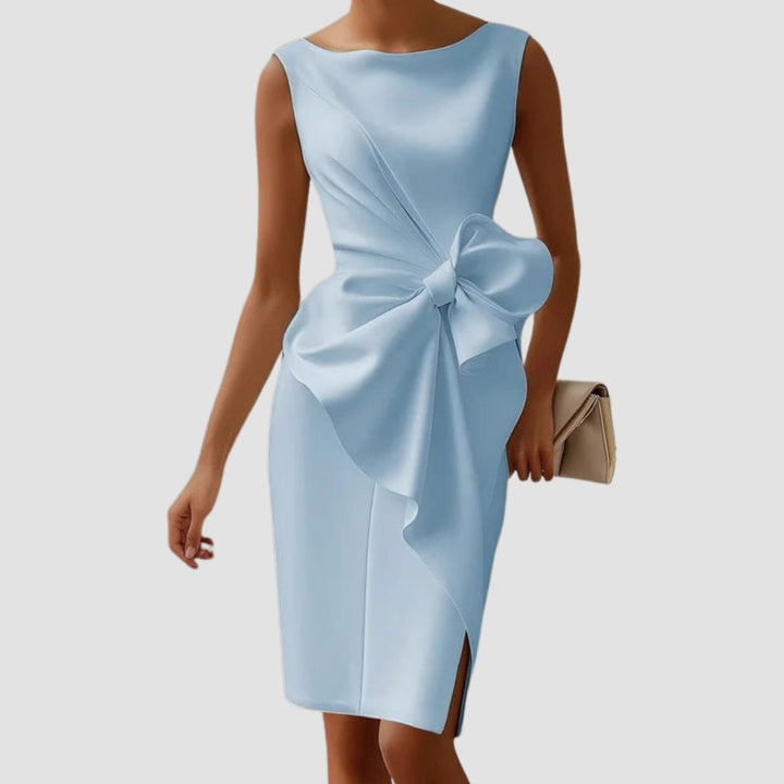Women's Sleeveless Boat-Neck Side-Bow Bodycon Midi Dress - Blue