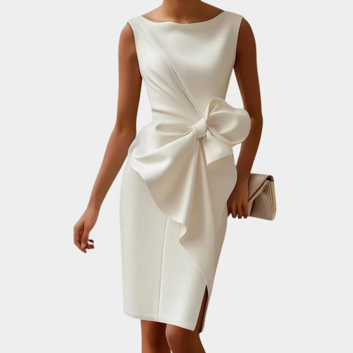 Women's Sleeveless Boat-Neck Side-Bow Bodycon Midi Dress - White