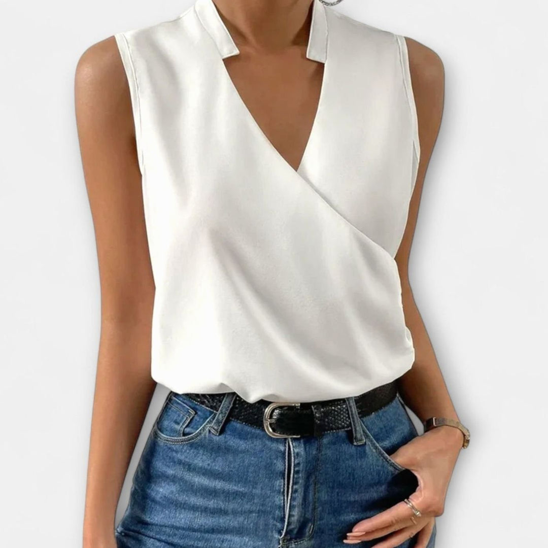 Women's Sleeveless Collared Wrap V-Neck Top - White