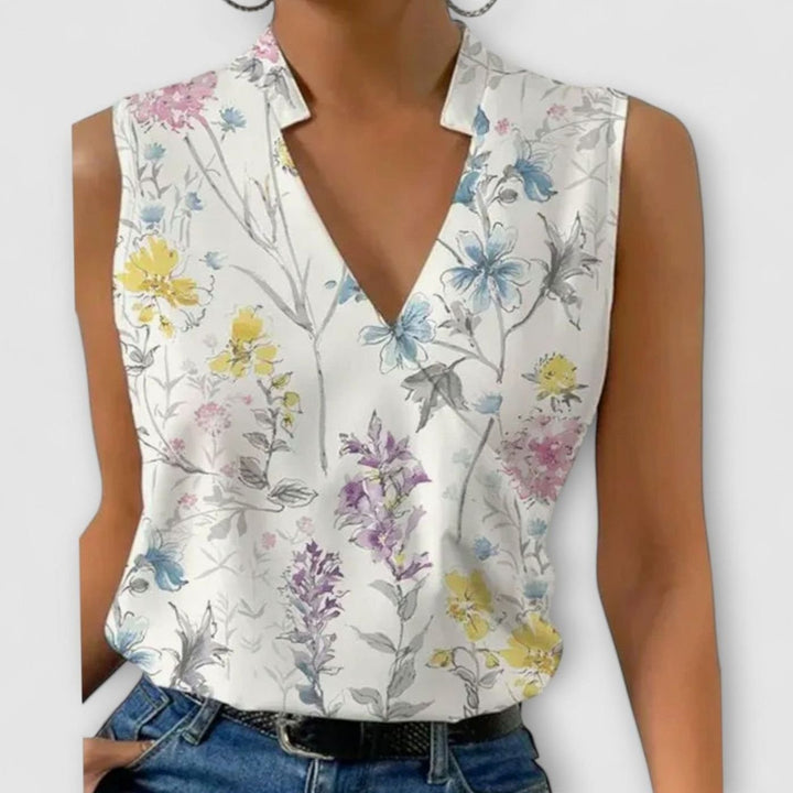 Women's Sleeveless Collared Wrap V-Neck Top - Floral 2