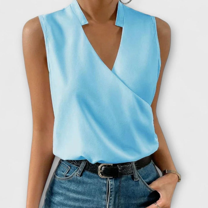 Women's Sleeveless Collared Wrap V-Neck Top - Sky Blue