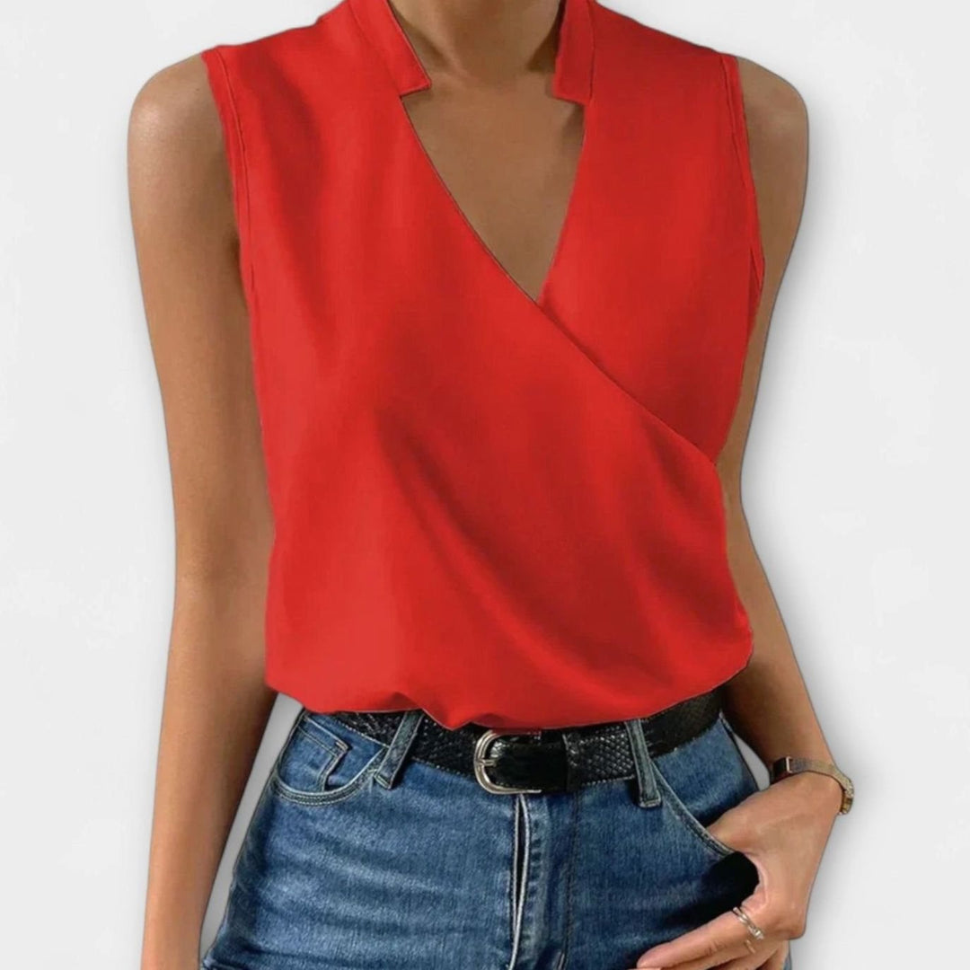Women's Sleeveless Collared Wrap V-Neck Top - Red
