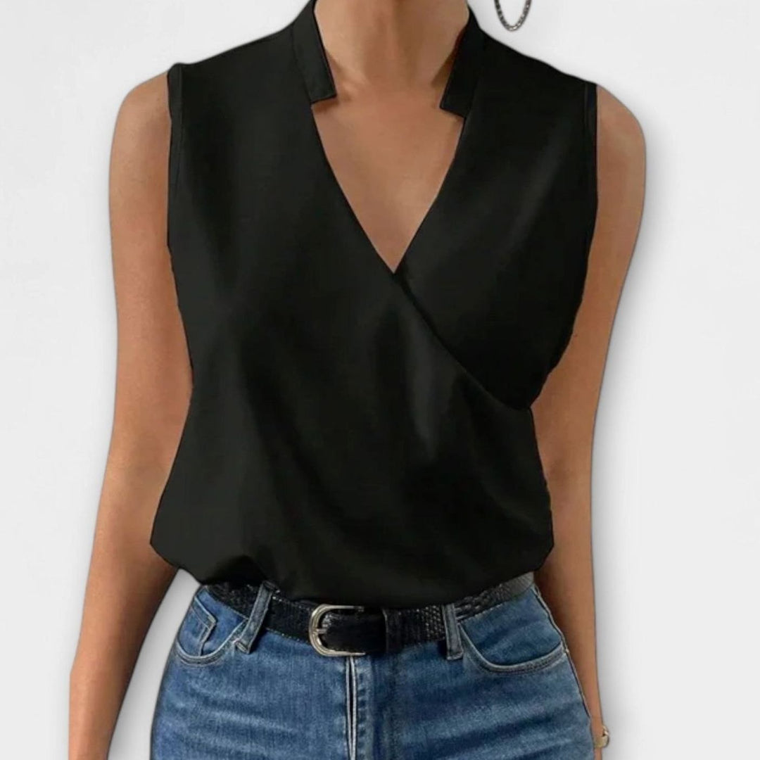 Women's Sleeveless Collared Wrap V-Neck Top - Black