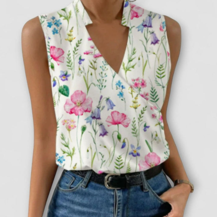 Women's Sleeveless Collared Wrap V-Neck Top - Floral 1