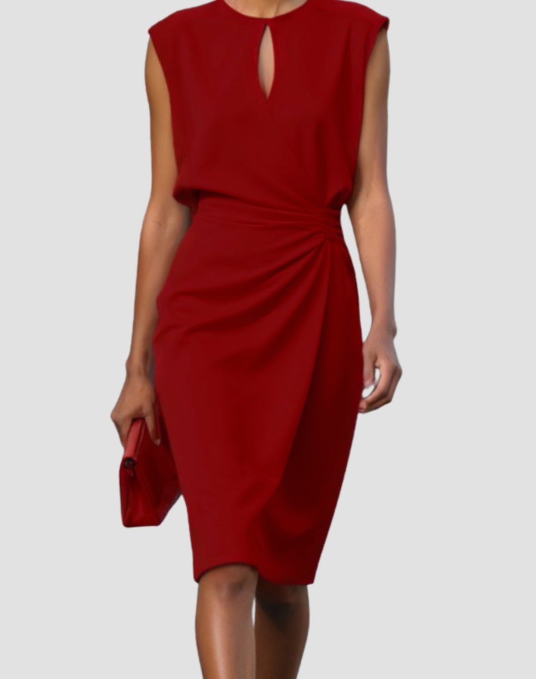 Women's Sleeveless Keyhole-Neck Gathered-Waist Knee-Length Dress - Red