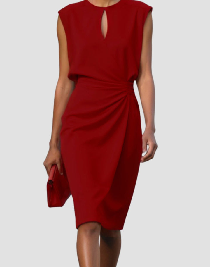 Women's Sleeveless Keyhole-Neck Gathered-Waist Knee-Length Dress - Red