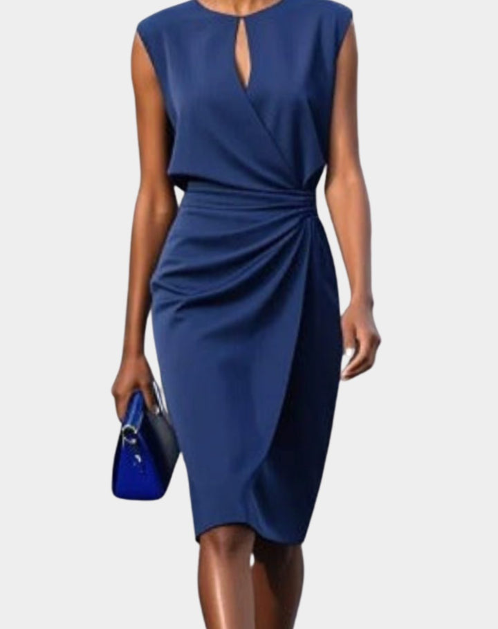 Women's Sleeveless Keyhole-Neck Gathered-Waist Knee-Length Dress - Dark Blue