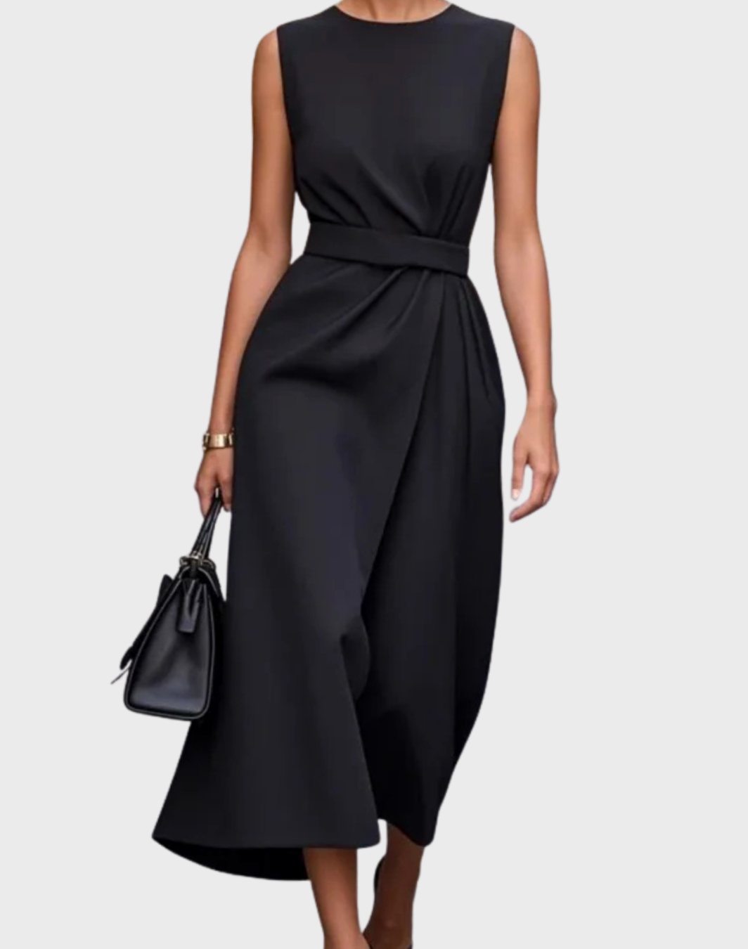Women's Sleeveless Round-Neck Pleated-Waist Below-Knee Dress - Black