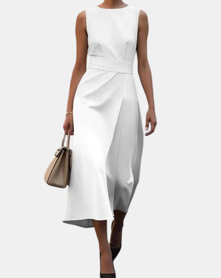 Women's Sleeveless Round-Neck Pleated-Waist Below-Knee Dress - White