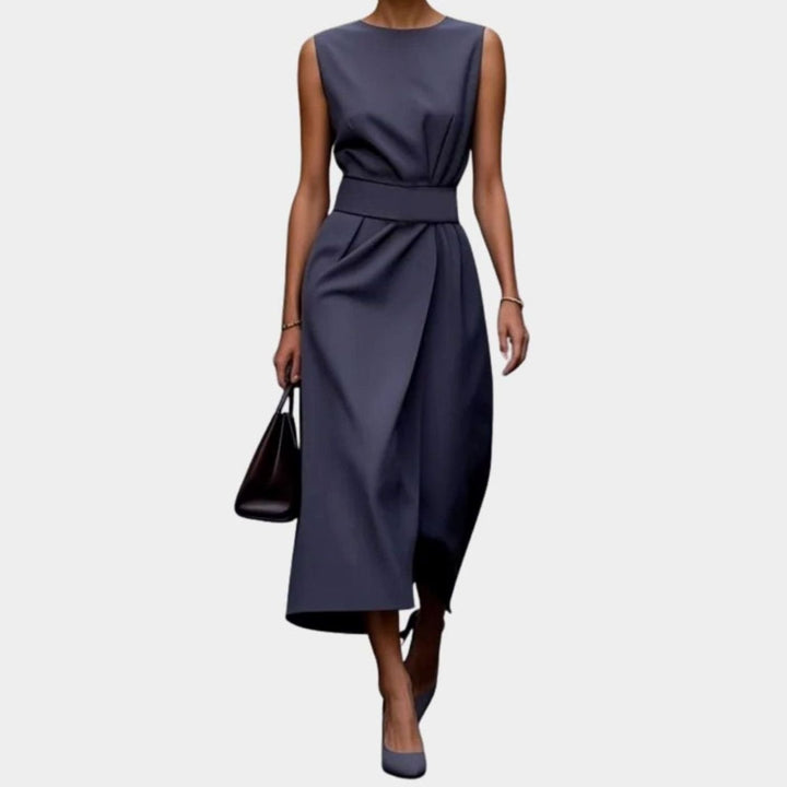 Women's Sleeveless Round-Neck Pleated-Waist Below-Knee Dress
