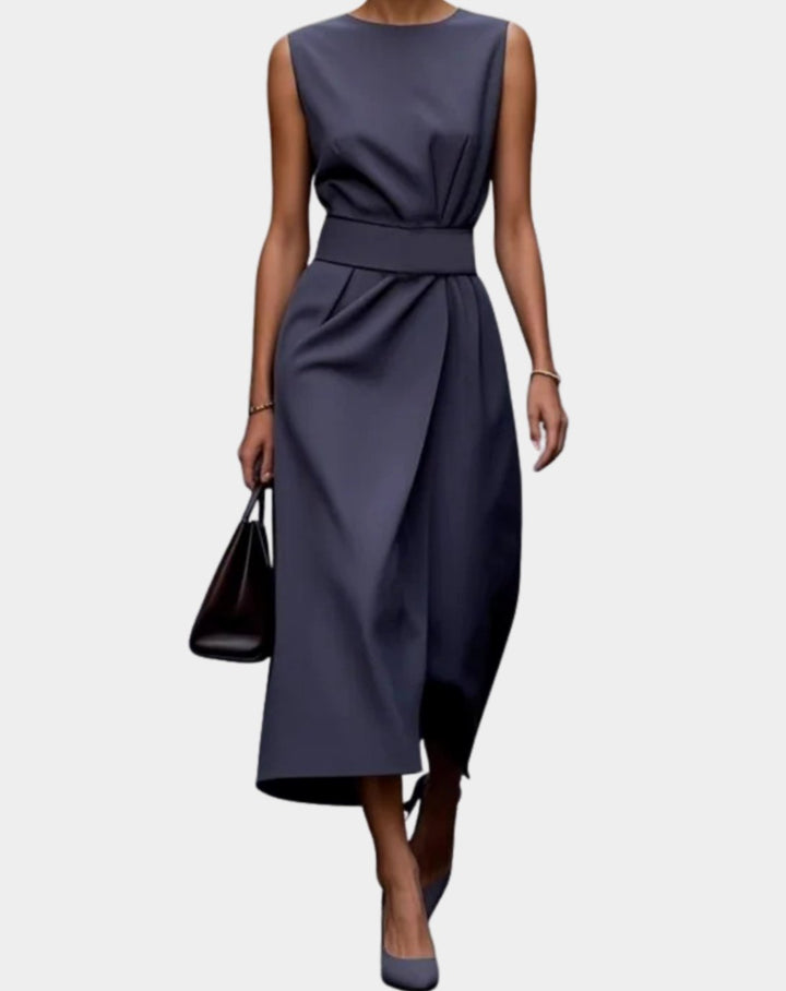 Women's Sleeveless Round-Neck Pleated-Waist Below-Knee Dress - Navy Blue