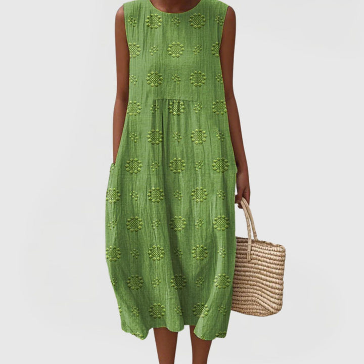 Women's Sleeveless Tummy-Control Midi Dress Embroidered Gathered Waist Hidden Pockets - Green