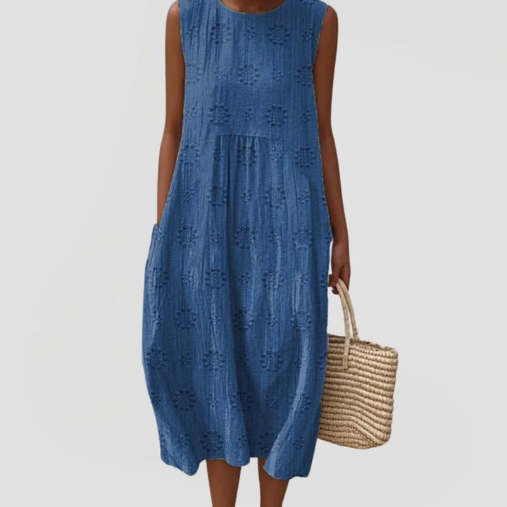 Women's Sleeveless Tummy-Control Midi Dress Embroidered Gathered Waist Hidden Pockets - Blue