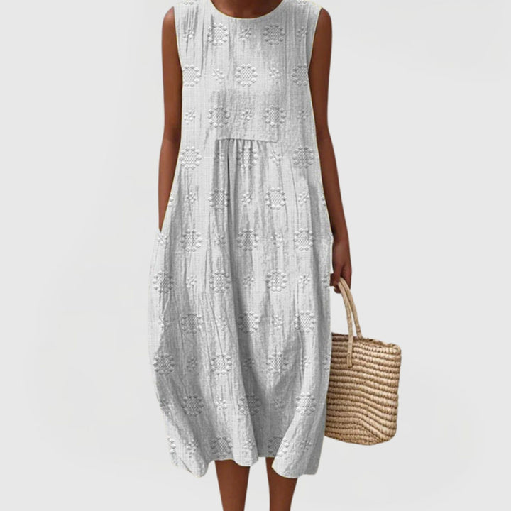 Women's Sleeveless Tummy-Control Midi Dress Embroidered Gathered Waist Hidden Pockets - White