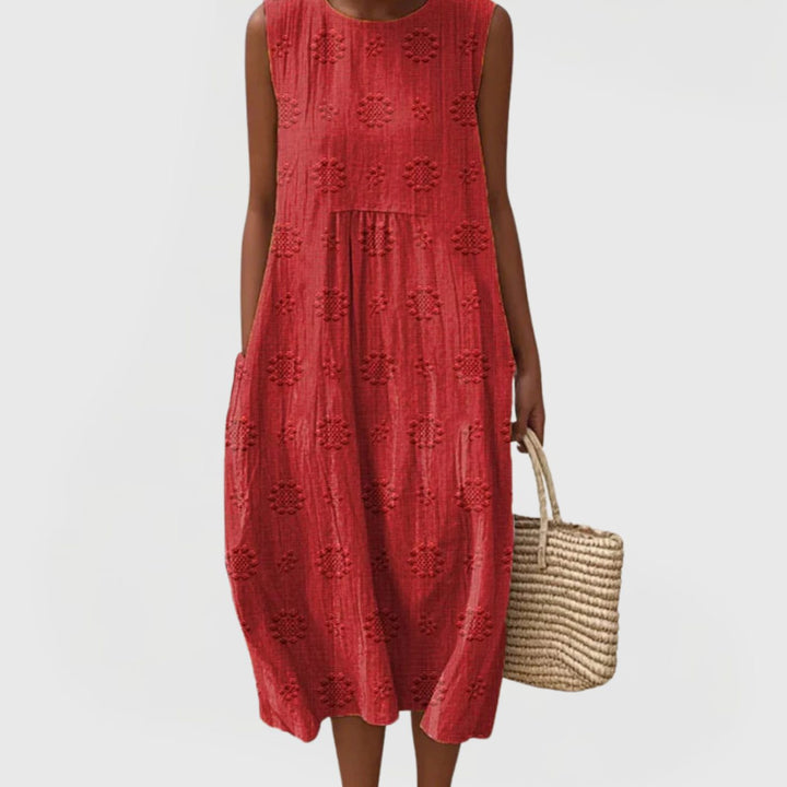 Women's Sleeveless Tummy-Control Midi Dress Embroidered Gathered Waist Hidden Pockets - Red