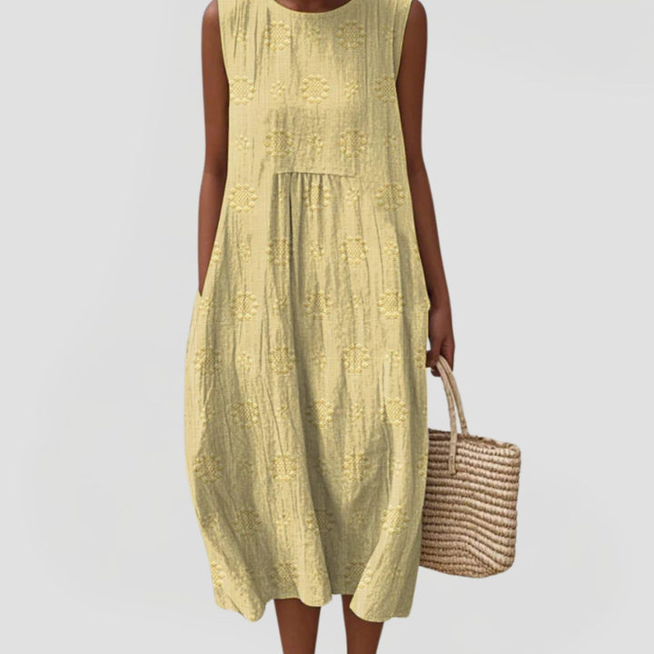 Women's Sleeveless Tummy-Control Midi Dress Embroidered Gathered Waist Hidden Pockets
