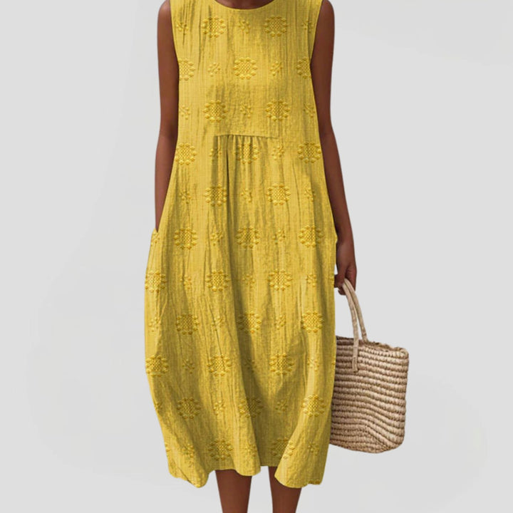Women's Sleeveless Tummy-Control Midi Dress Embroidered Gathered Waist Hidden Pockets - Light Yellow