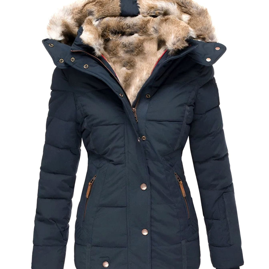 Women's Slim-Fit Faux-Fur Hood Quilted Puffer Jacket - Navy Blue