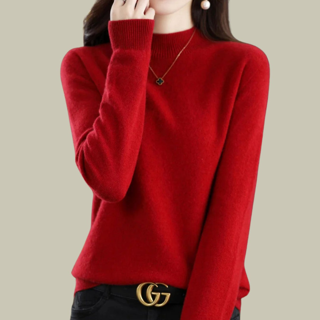 Women's Slim-Fit Mock-Neck Merino Wool Sweater - Wine Red