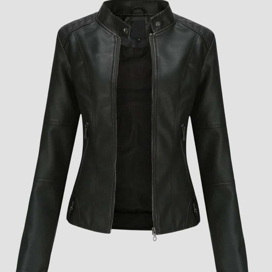 Women's Slim-Fit Stand-Collar Full-Zip Faux Leather Jacket - Black
