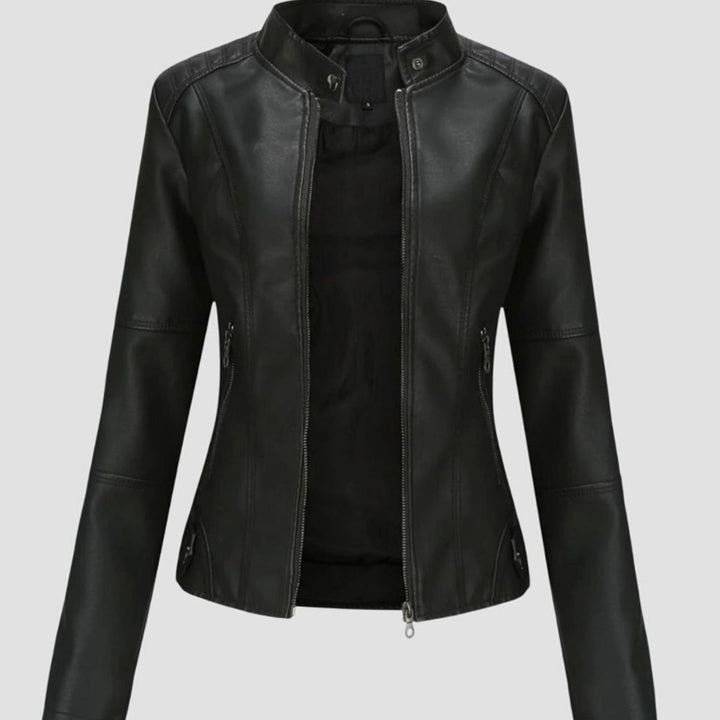 Women's Slim-Fit Stand-Collar Full-Zip Faux Leather Jacket - Black