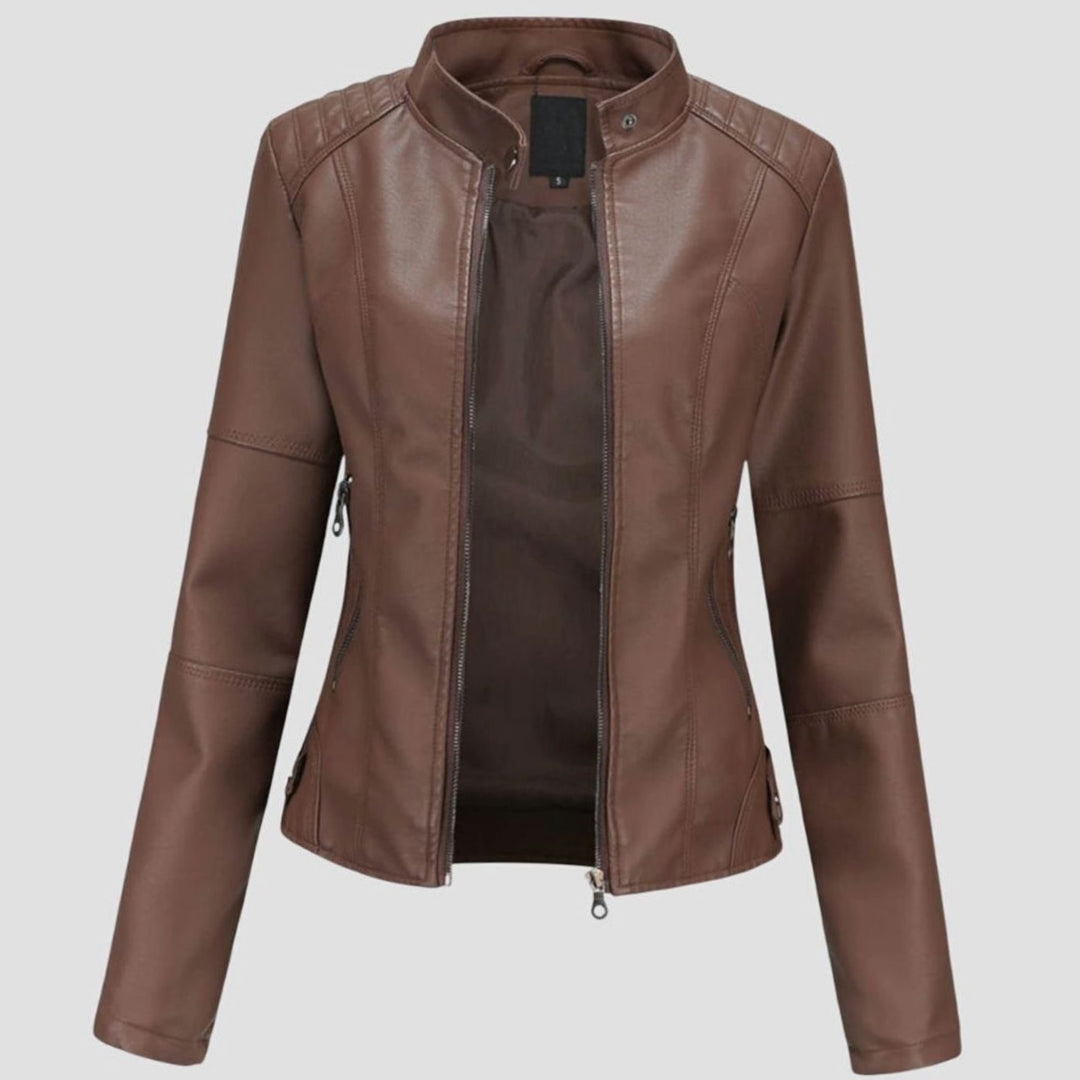 Women's Slim-Fit Stand-Collar Full-Zip Faux Leather Jacket - Dark Brown