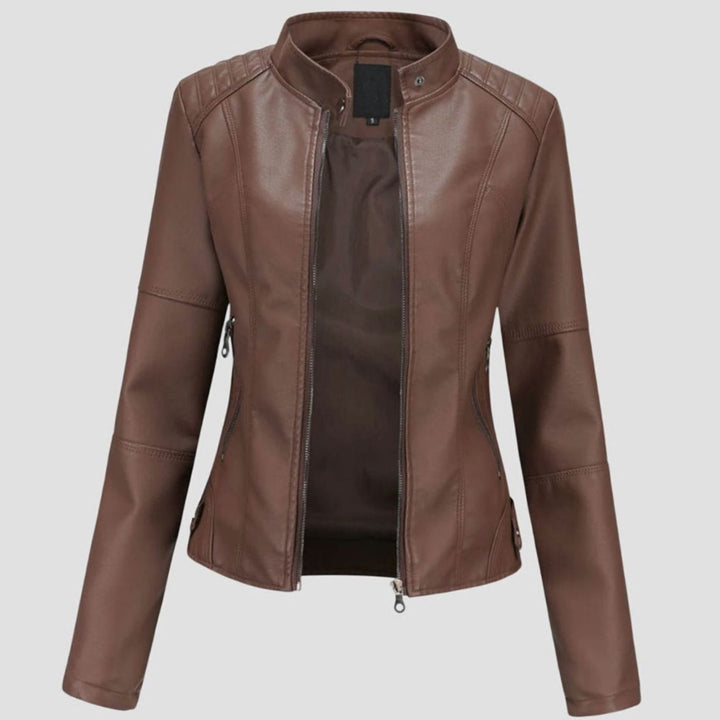 Women's Slim-Fit Stand-Collar Full-Zip Faux Leather Jacket - Dark Brown