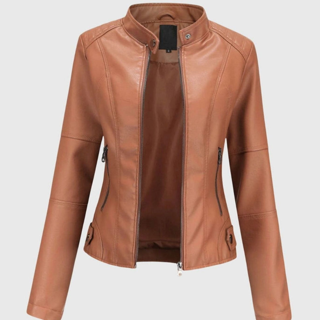 Women's Slim-Fit Stand-Collar Full-Zip Faux Leather Jacket - Light Brown