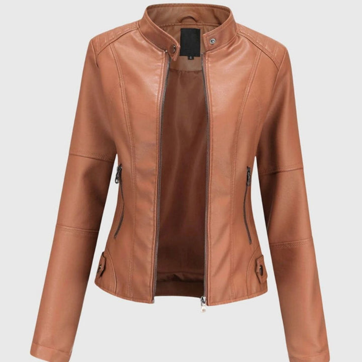 Women's Slim-Fit Stand-Collar Full-Zip Faux Leather Jacket - Light Brown