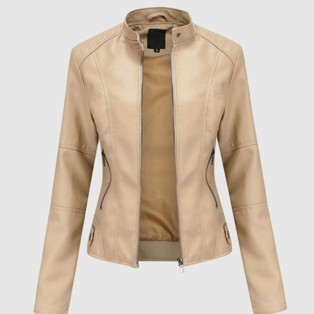 Women's Slim-Fit Stand-Collar Full-Zip Faux Leather Jacket - Beige