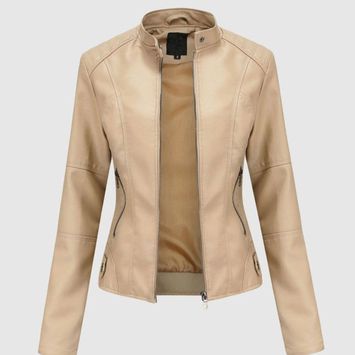 Women's Slim-Fit Stand-Collar Full-Zip Faux Leather Jacket - Beige