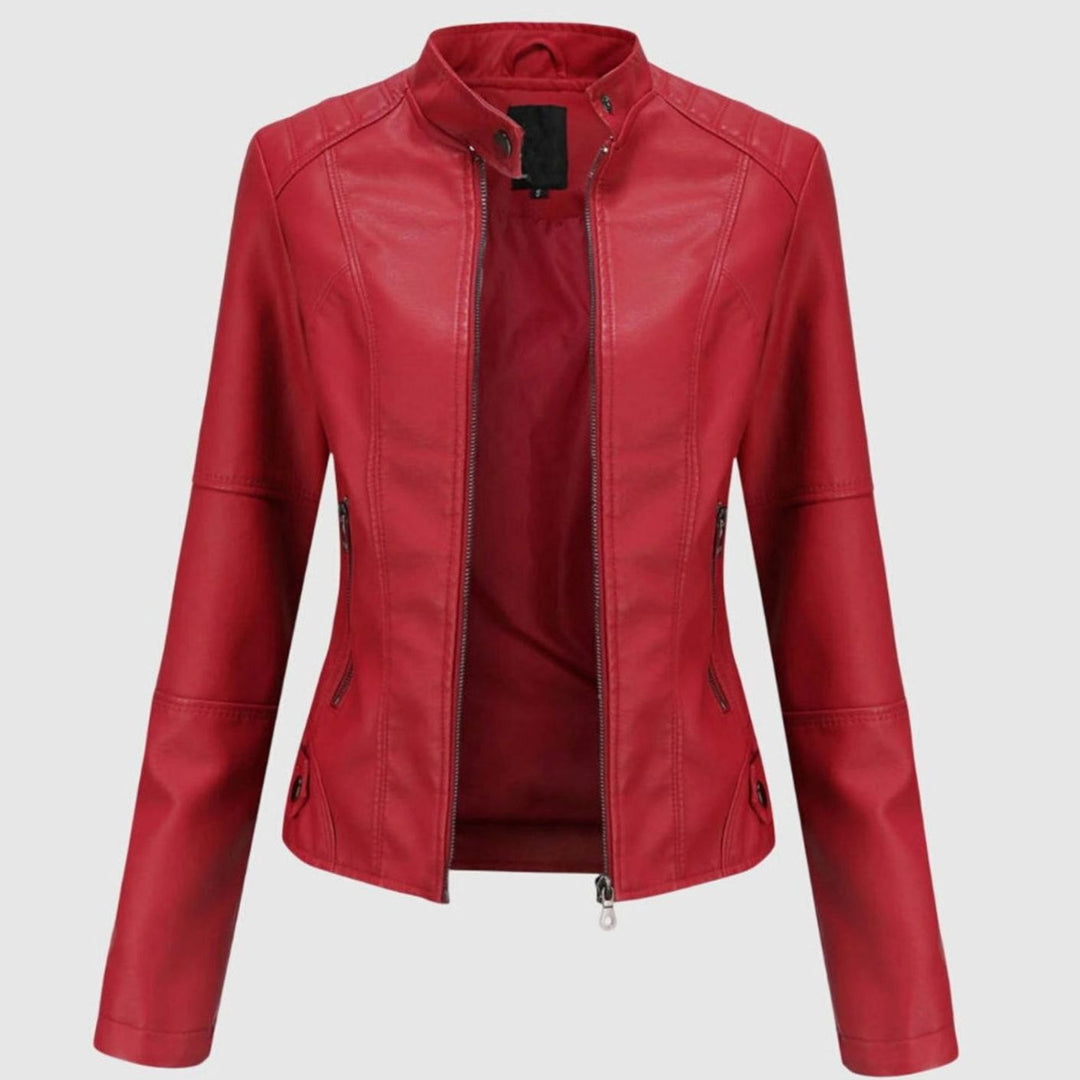 Women's Slim-Fit Stand-Collar Full-Zip Faux Leather Jacket - Red