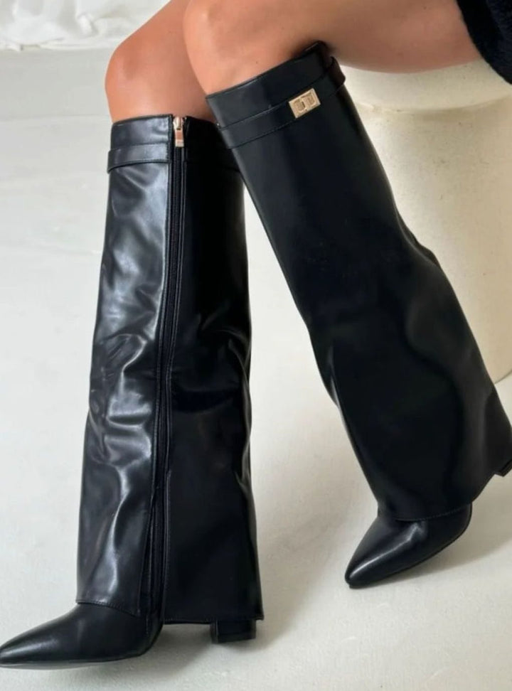 Women's Slouchy Foldover High Heel Boots Gold-Buckle Knee-High