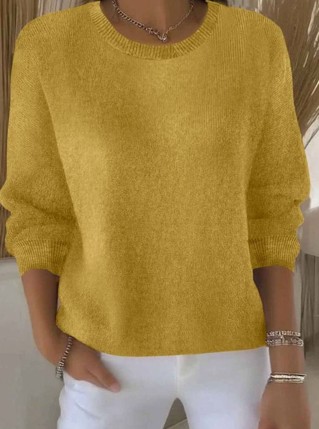 Women's Soft Cozy Crew-Neck Comfortable Sweater - Yellow