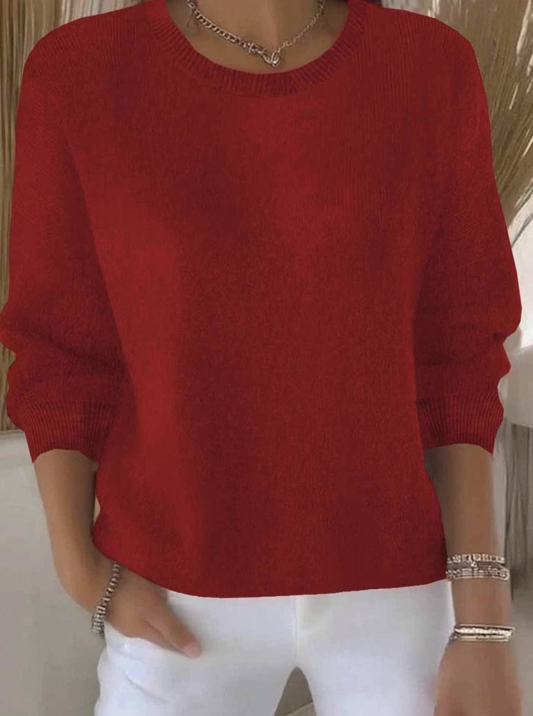 Women's Soft Cozy Crew-Neck Comfortable Sweater - Red