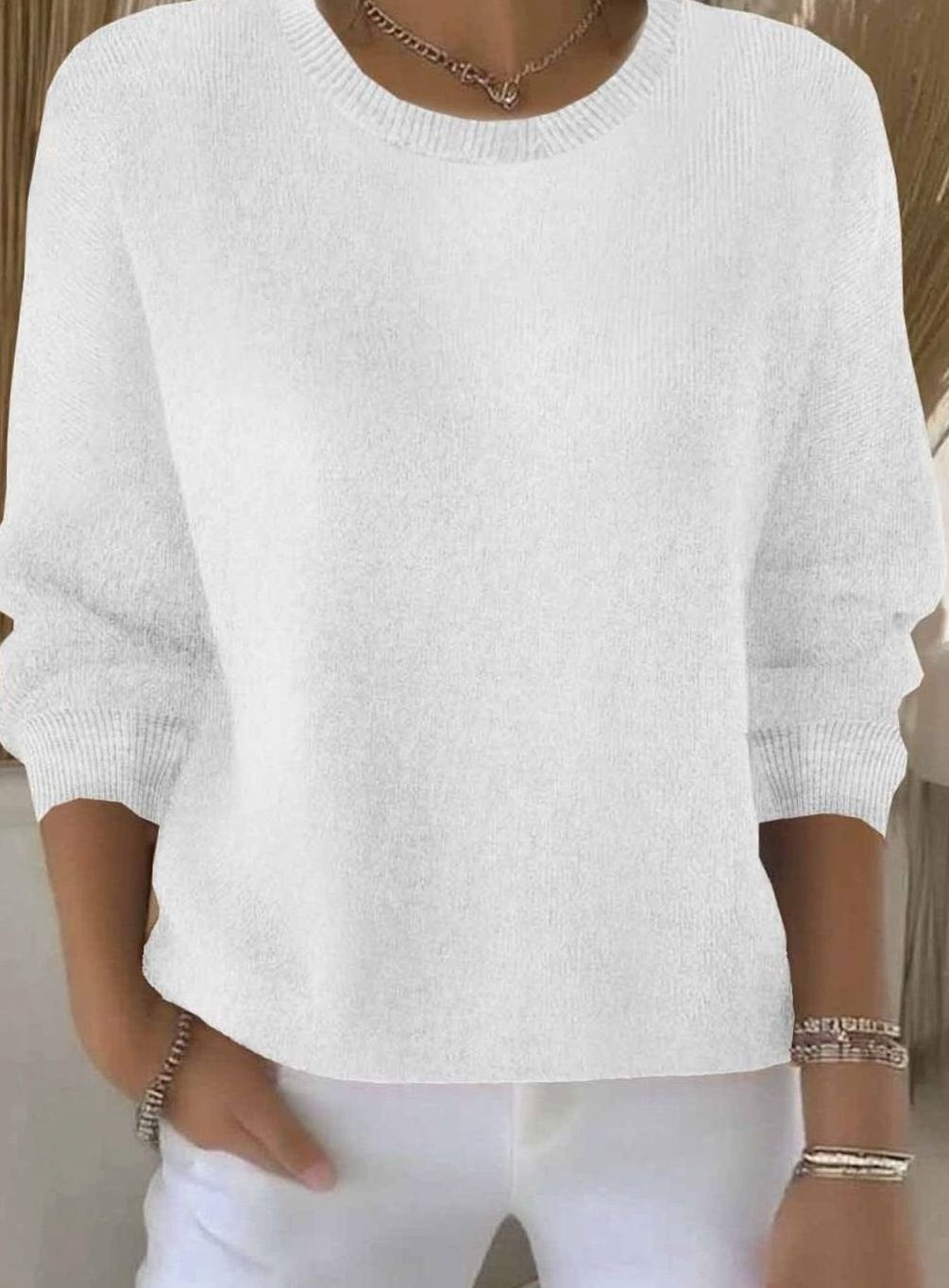 Women's Soft Cozy Crew-Neck Comfortable Sweater - White