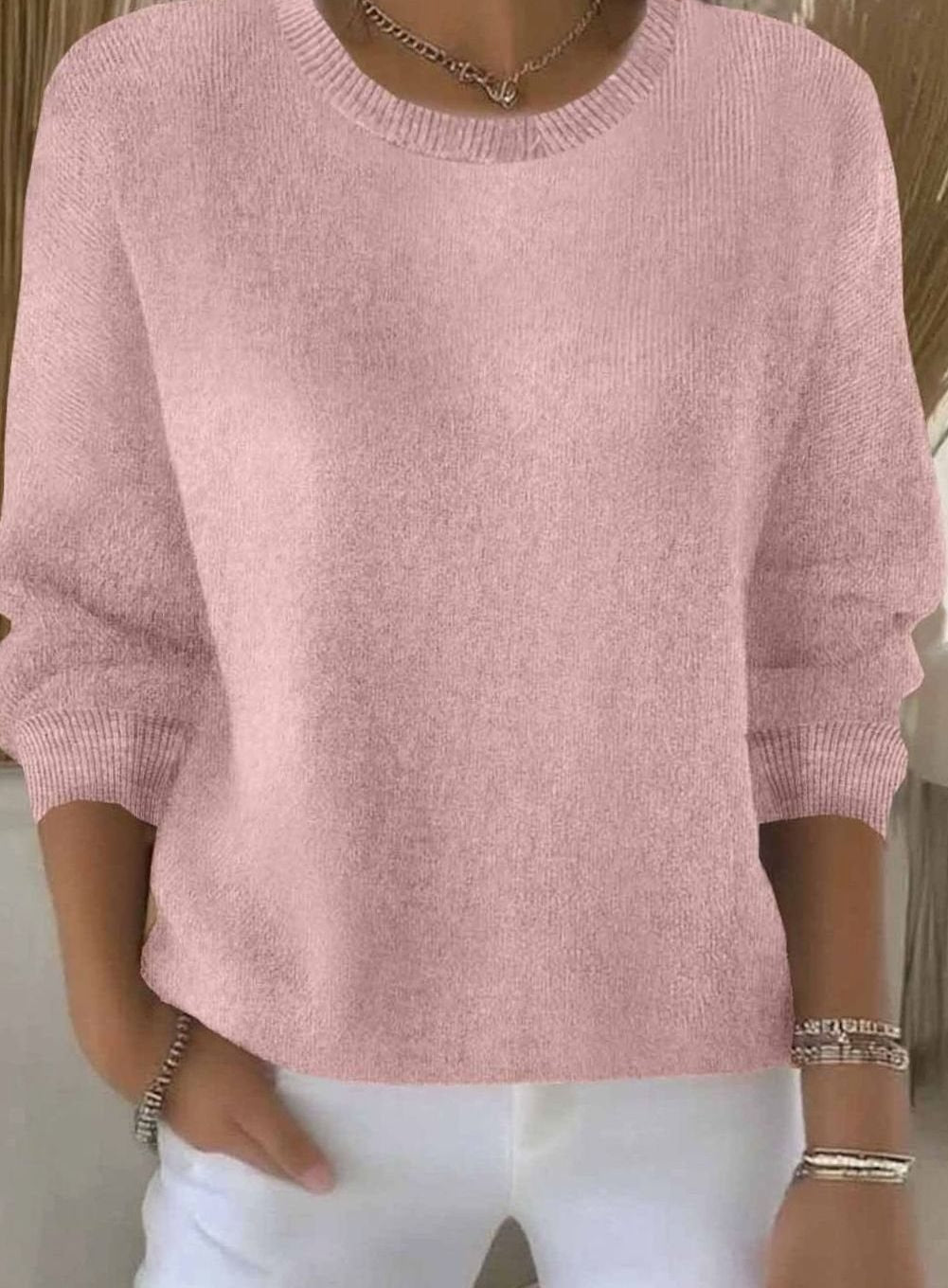 Women's Soft Cozy Crew-Neck Comfortable Sweater - Pink