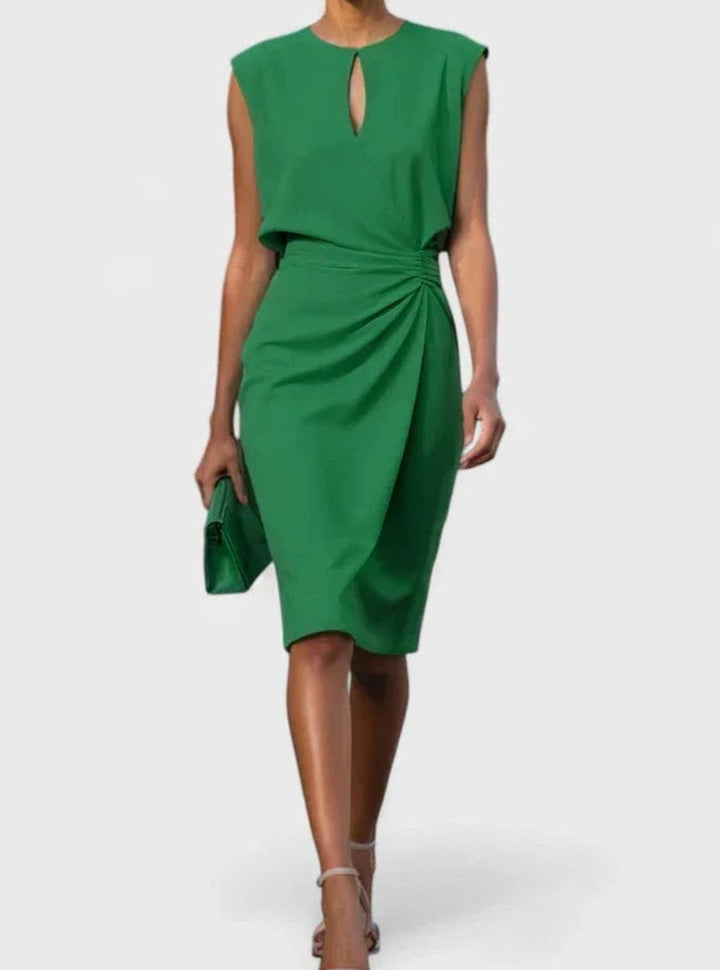 Women's Solid Color Dress Sleeveless Keyhole Ruched Midi Sheath - Green