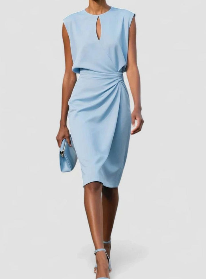 Women's Solid Color Dress Sleeveless Keyhole Ruched Midi Sheath - Light Blue