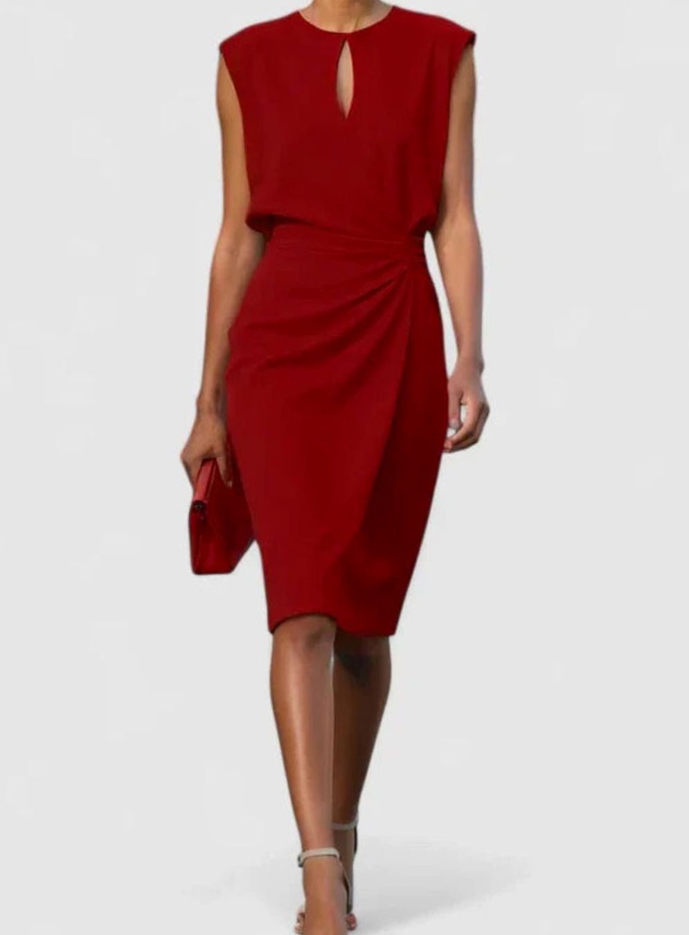 Women's Solid Color Dress Sleeveless Keyhole Ruched Midi Sheath - Red