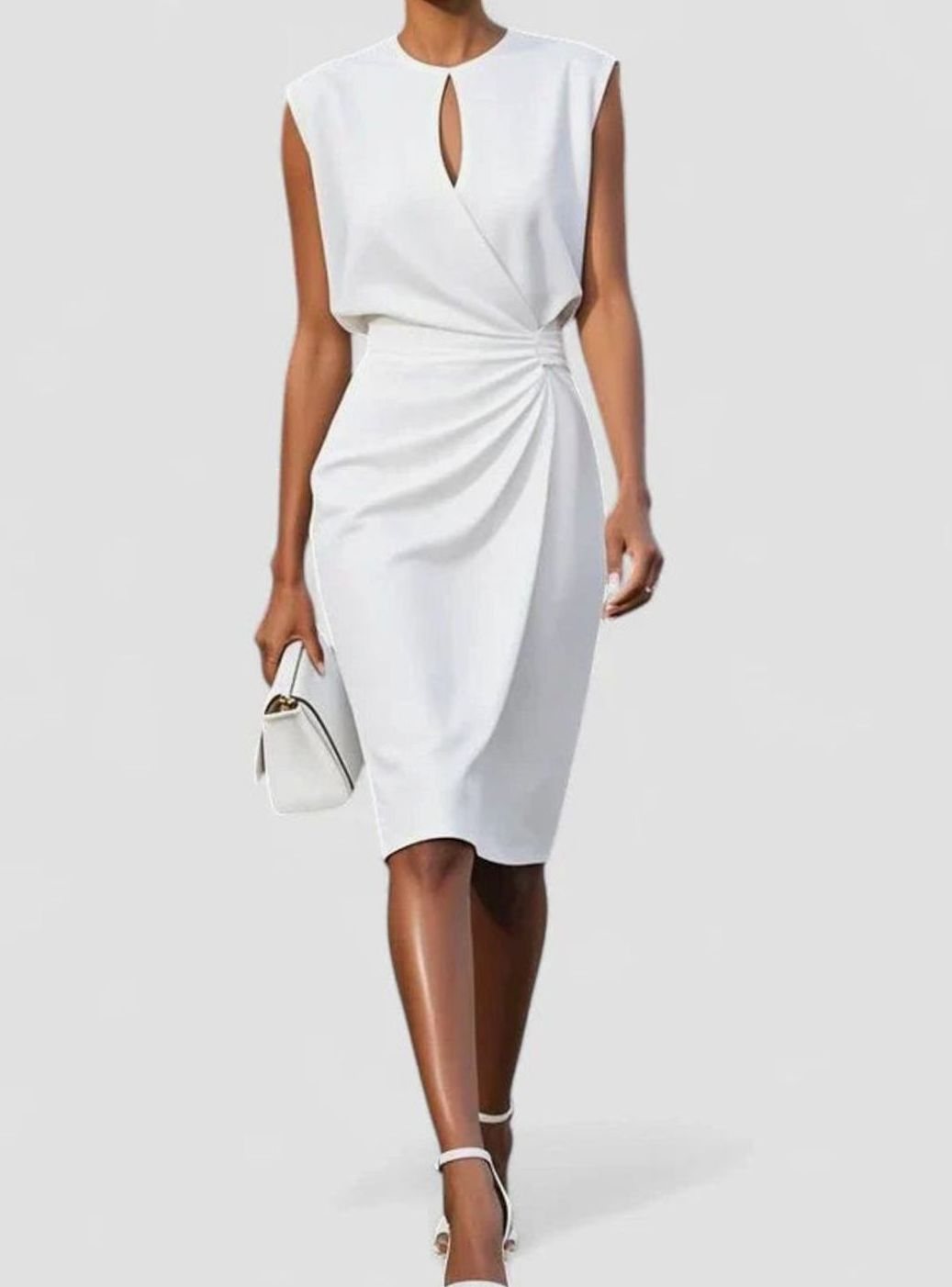 Women's Solid Color Dress Sleeveless Keyhole Ruched Midi Sheath - White