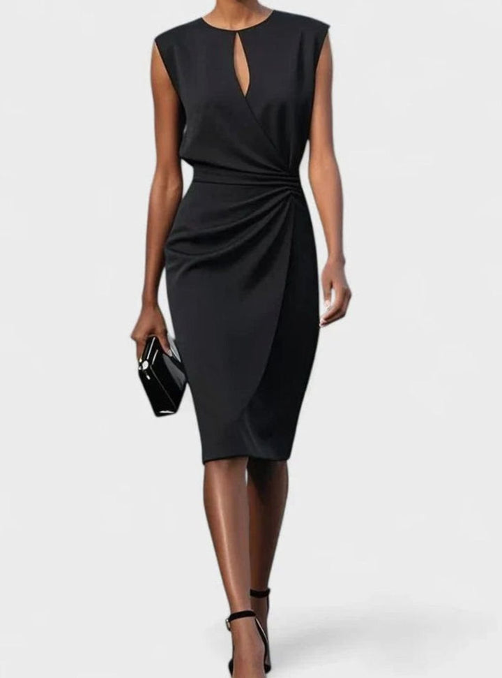 Women's Solid Color Dress Sleeveless Keyhole Ruched Midi Sheath - Black