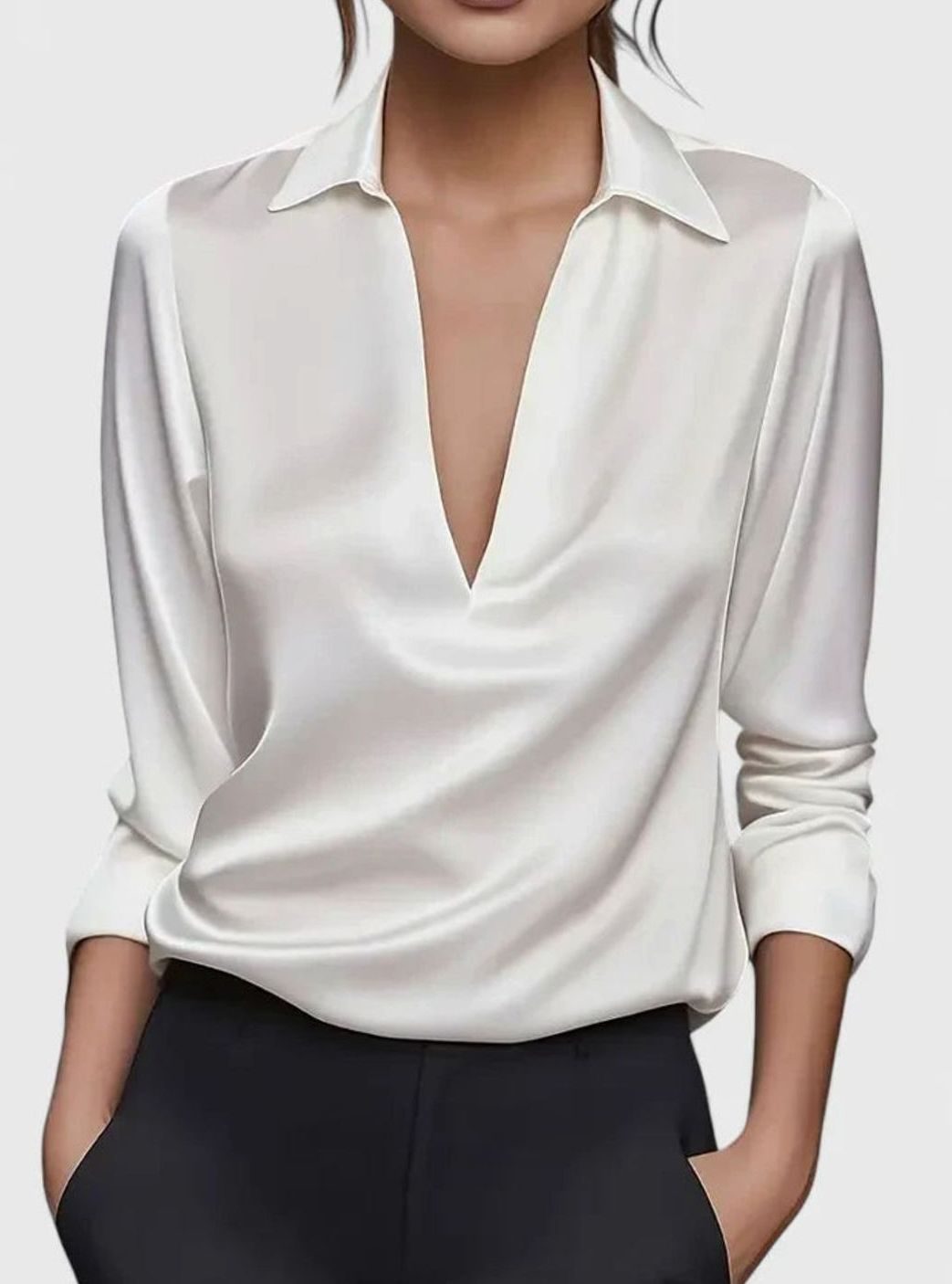 Women's Sophisticated Blouse Deep V-Neck Satin Long-Sleeve Top - White