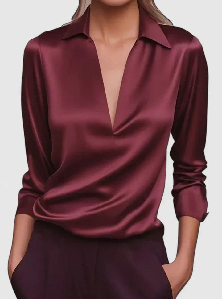 Women's Sophisticated Blouse Deep V-Neck Satin Long-Sleeve Top - Burgundy