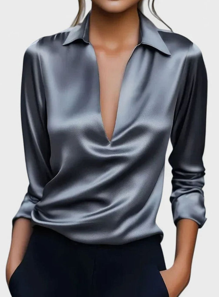 Women's Sophisticated Blouse Deep V-Neck Satin Long-Sleeve Top - Gray