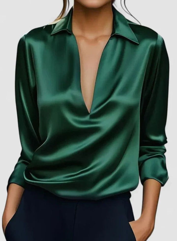 Women's Sophisticated Blouse Deep V-Neck Satin Long-Sleeve Top - Green