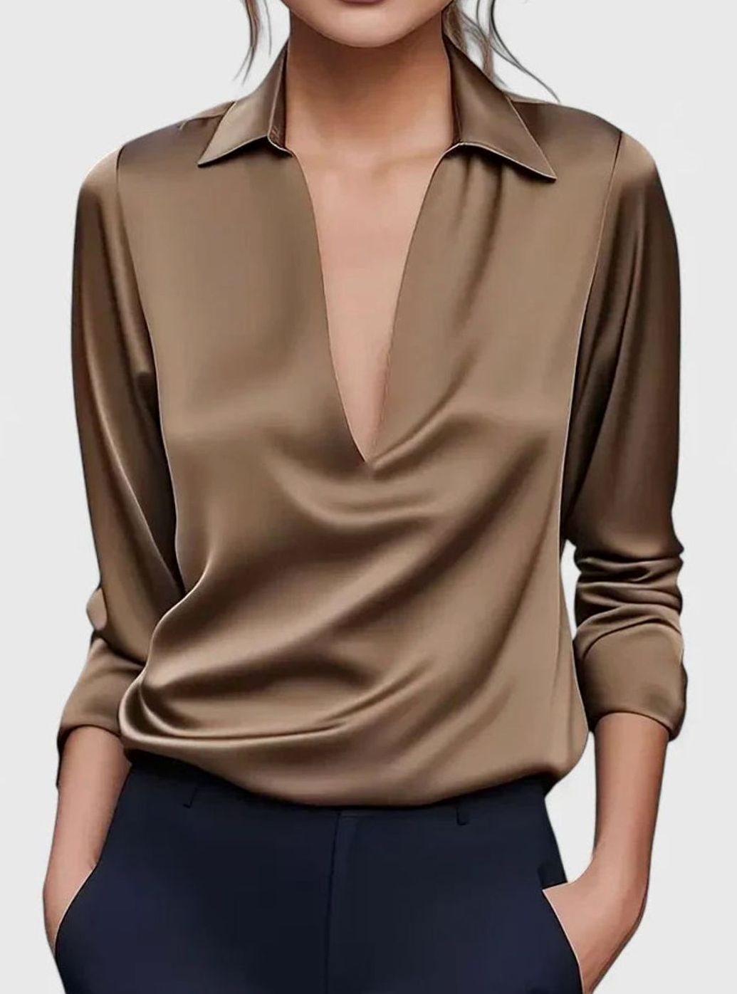 Women's Sophisticated Blouse Deep V-Neck Satin Long-Sleeve Top